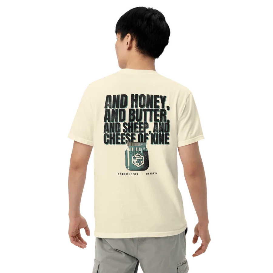 Model wearing the bone Manna’d tee, back printed AND HONEY, AND BUTTER, AND SHEEP, AND CHEESE OF KINE (2 Sam 17:29)