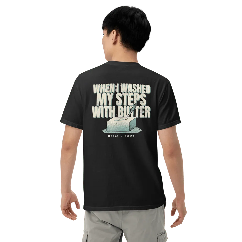 Black Art tee, back, on model, printed “When I washed my steps with butter” (Job 29:6)