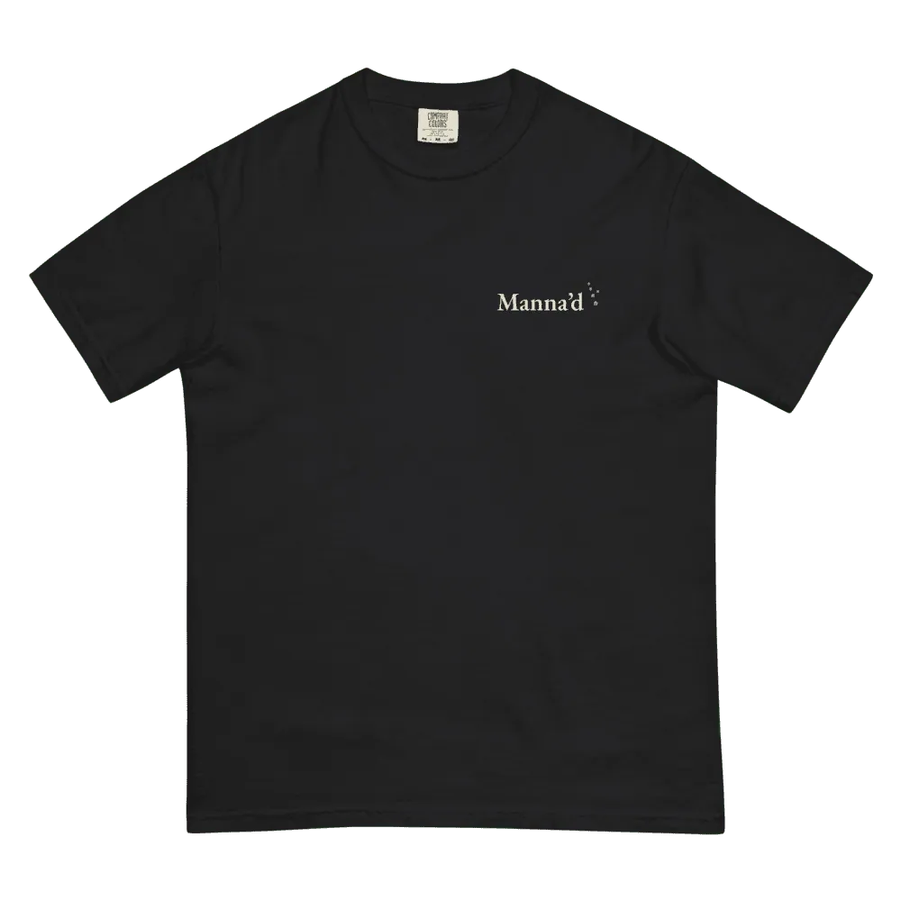 Black Art tee, front, small Manna’d wordmark on the left chest